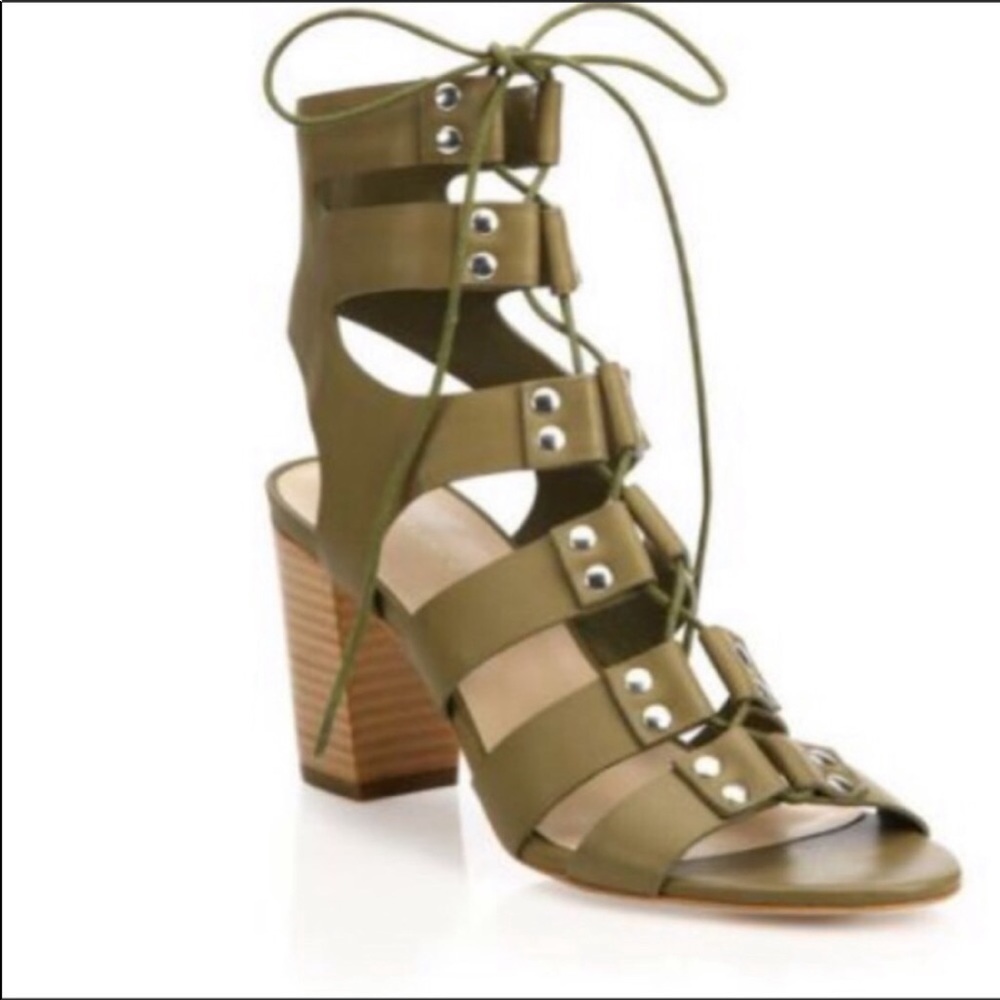 LOEFFLER RANDALL-Olive Green Leather Lace Up Gladiator Boho Block Heels-Size 7.5